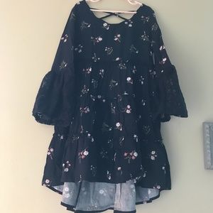 black floral dress with bell sleeves